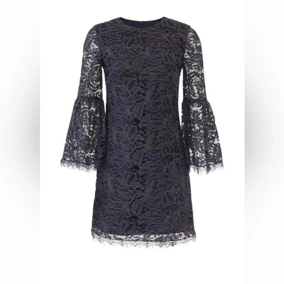 Dress the Population Paige Bell Sleeve Dress Navy Metallic Floral Lace Large - Picture 1 of 14